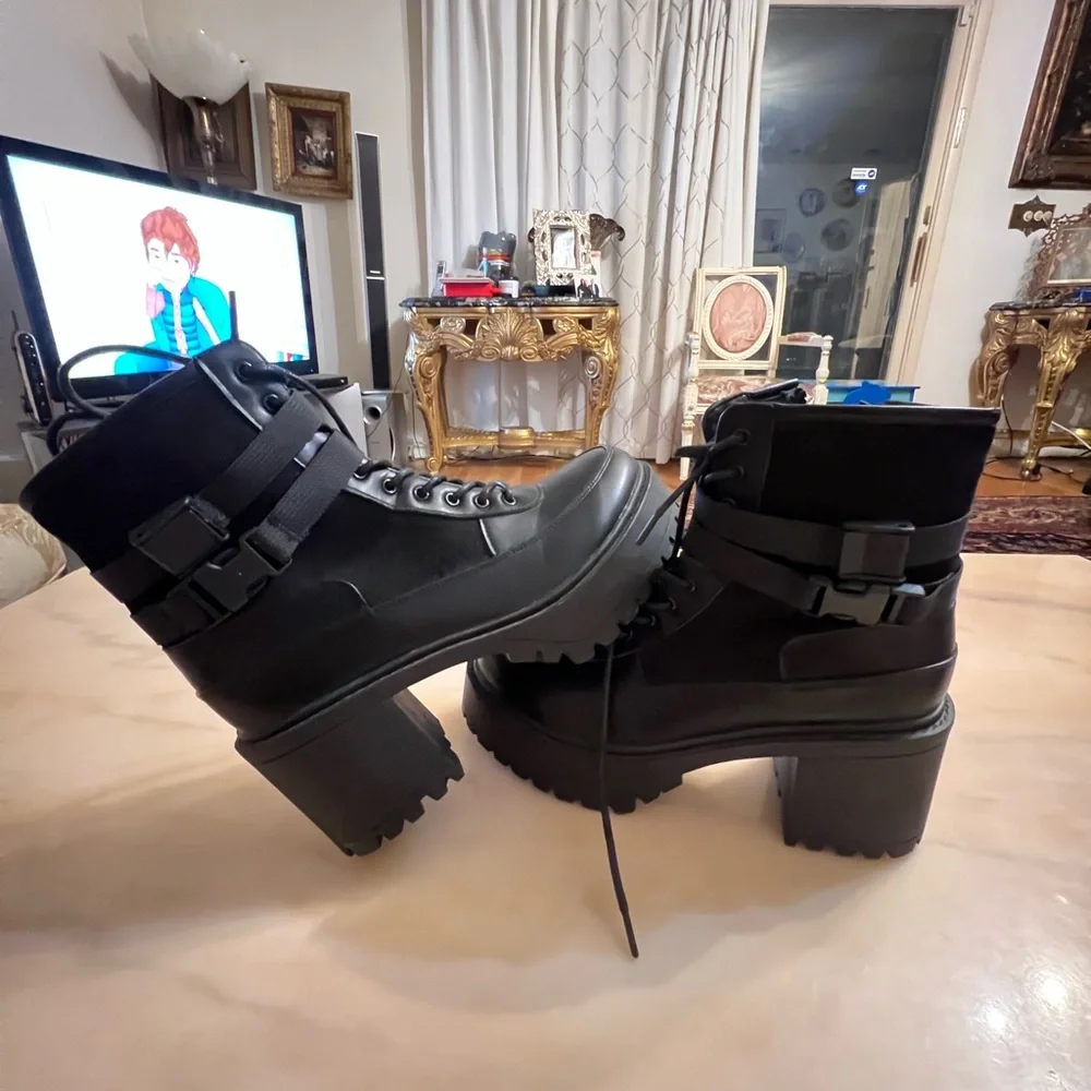 French connection black combat chunky platform lug boots size 10 vegan leather - Picture 7 of 10